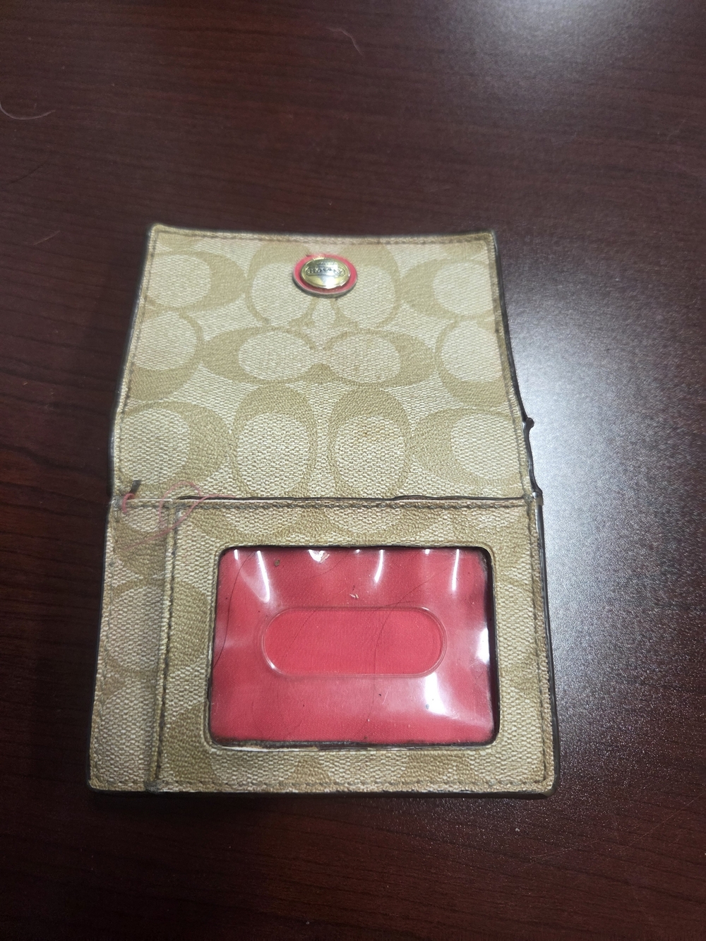 Coach Signature Tan Card Holder with Red ID Window